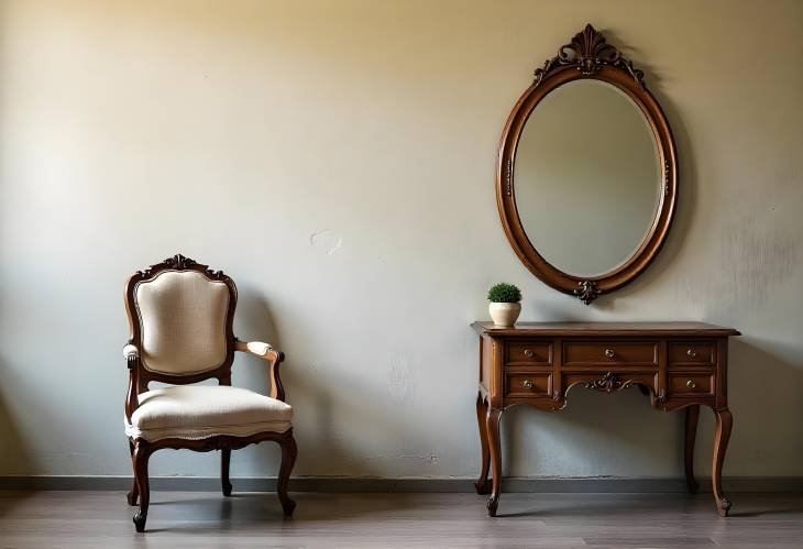 Vintage Furniture Old Chair, Mirror, and Table Against a Rustic Wall